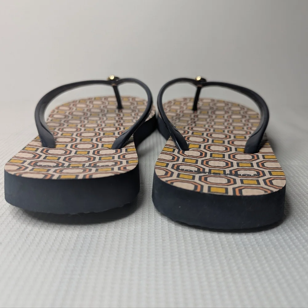 Tory Burch Geometric Multicolor Gold Logo Thong Sandals Flip Flops Women's 10